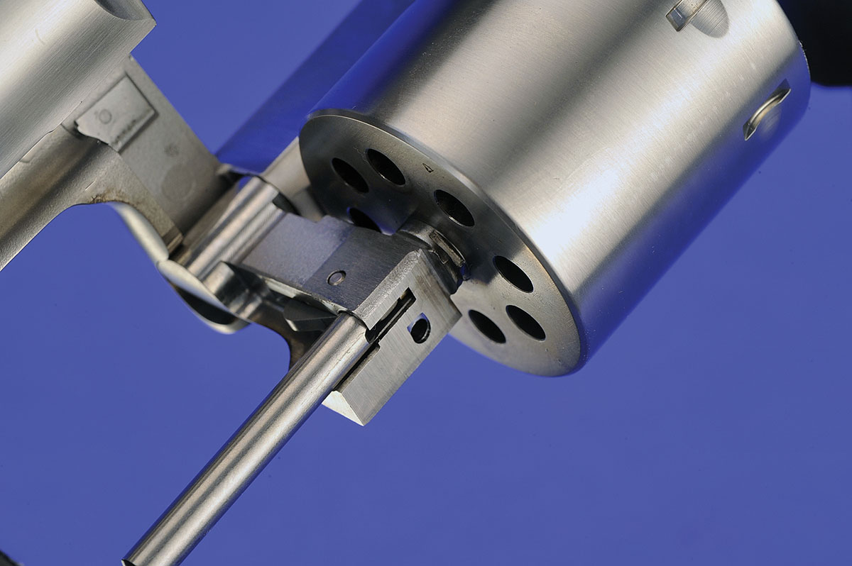 Viewed from the top, this Ruger has the famed three-point locking system shown here in detail. In operation, the gun locks up like a bank vault and the operation is super smooth.